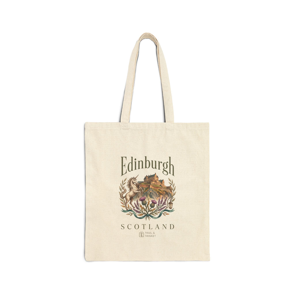 Tote bag with a watercolor-style emblem of Edinburgh Castle, a unicorn, thistles and heather, titled Edinburgh, Scotland