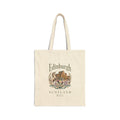 Tote bag with a watercolor-style emblem of Edinburgh Castle, a unicorn, thistles and heather, titled Edinburgh, Scotland