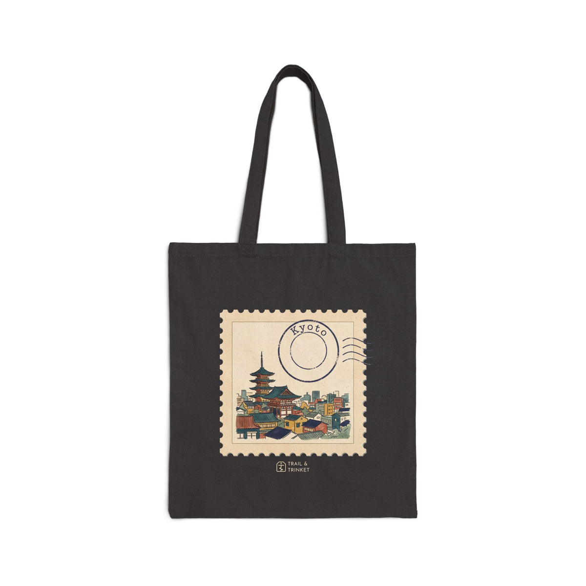 Cotton canvas tote bag featuring a vintage postage stamp illustration of Kyoto's skyline in watercolor with a navy postmark.
