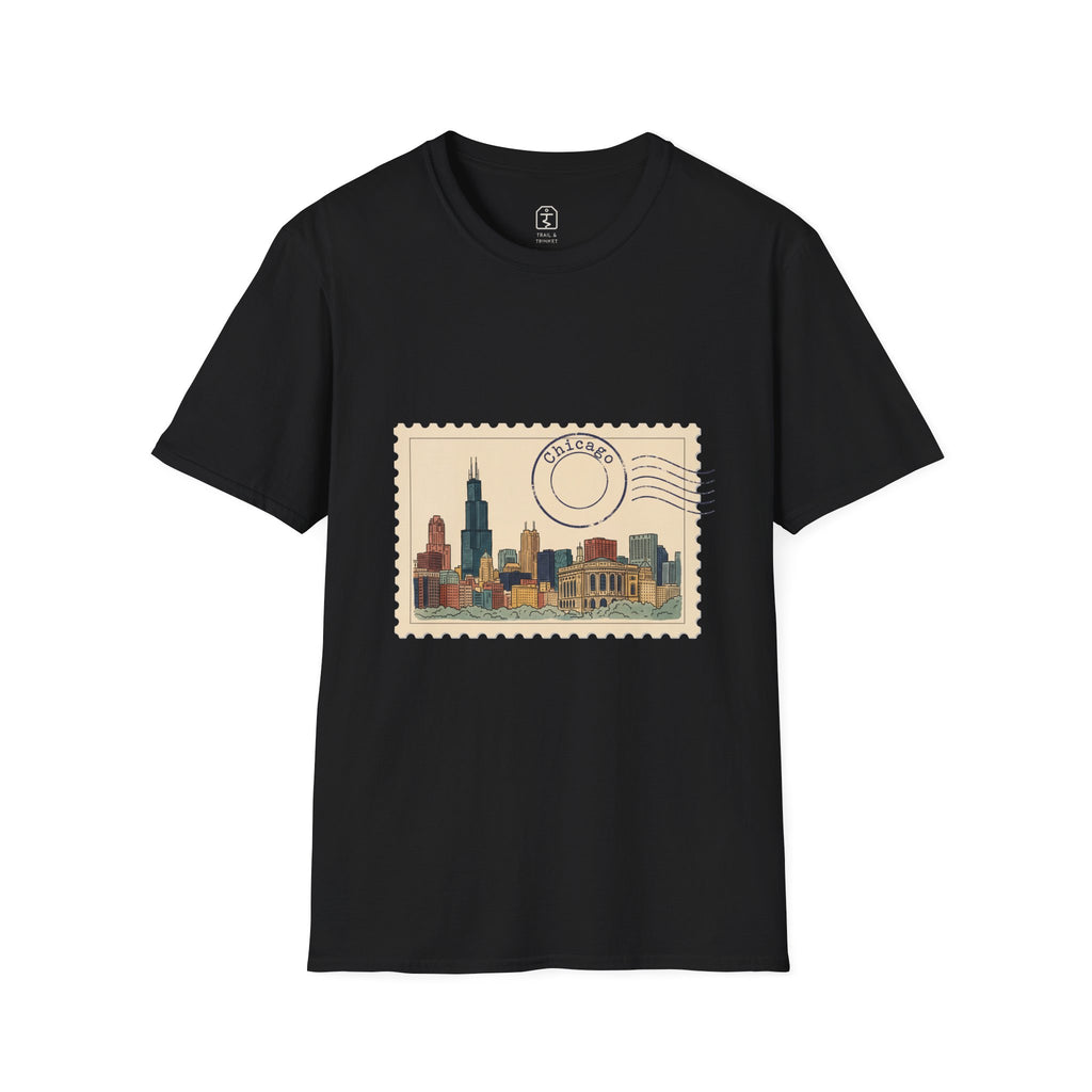 Unisex t-shirt featuring a vintage postage stamp illustration of the Chicago skyline in watercolor with a navy postmark.