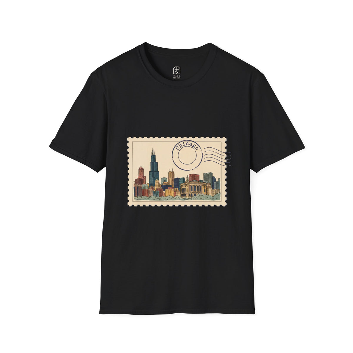 Unisex t-shirt featuring a vintage postage stamp illustration of the Chicago skyline in watercolor with a navy postmark.