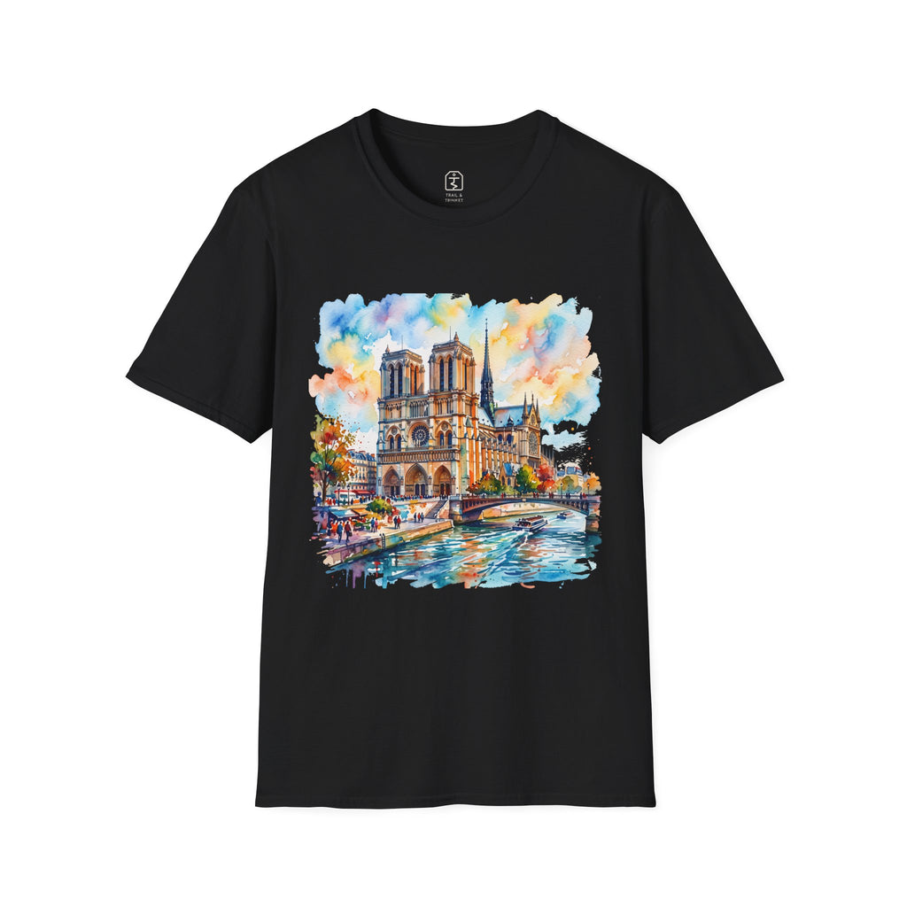 Unisex t-shirt featuring a vivid watercolor and artistic 3D style illustration of the Notre Dame cathedral in Paris.