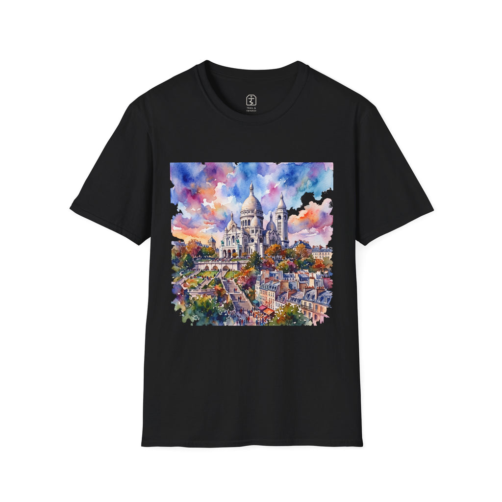 T-shirt featuring a vivid watercolor-style illustration of the Sacré-Cœur basilica in Paris with a blurred 3D effect.