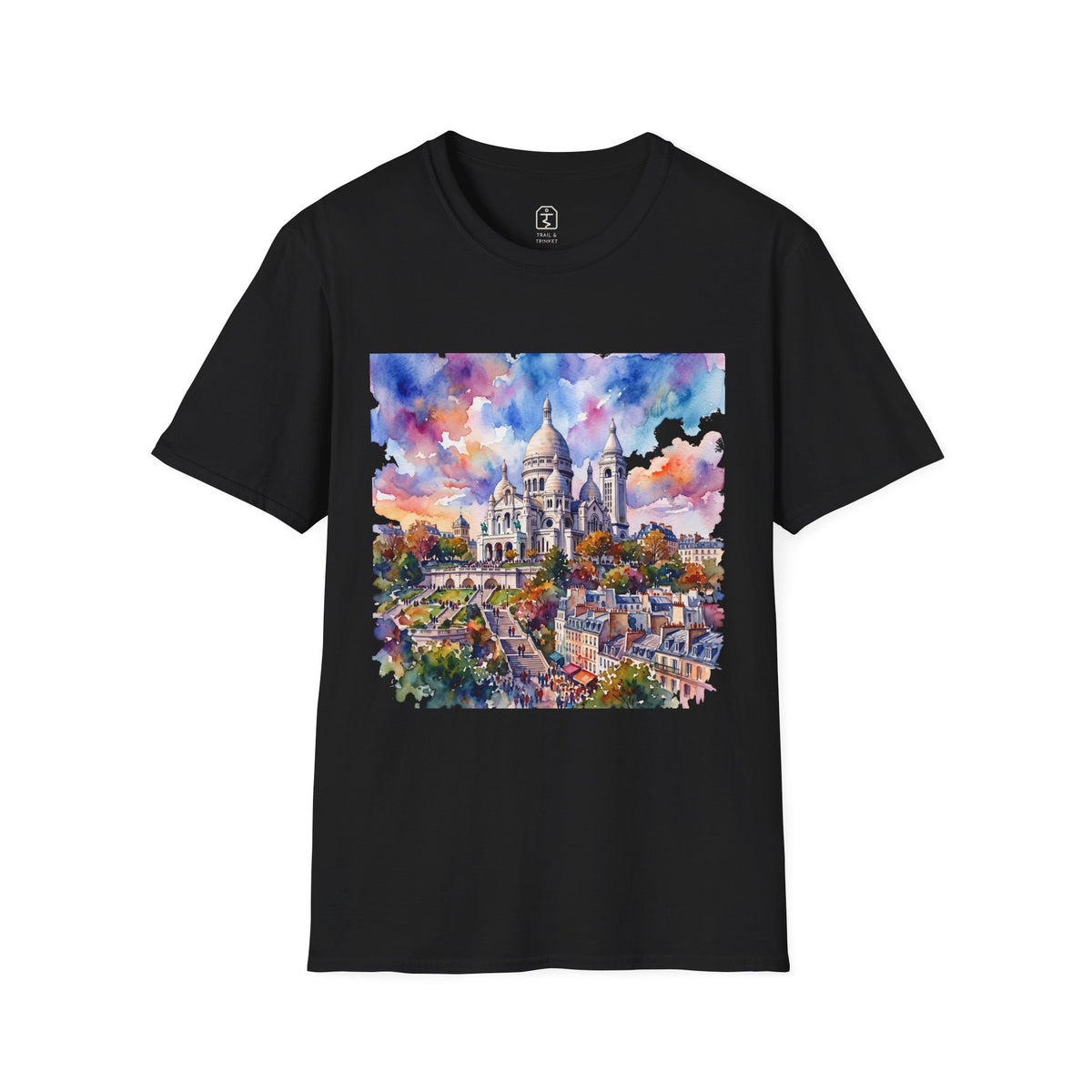 T-shirt featuring a vivid watercolor-style illustration of the Sacré-Cœur basilica in Paris with a blurred 3D effect.