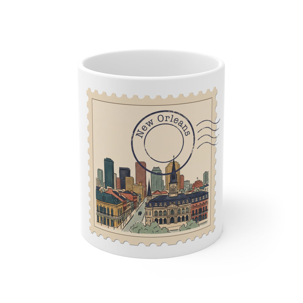 11oz white ceramic mug featuring a vintage postage stamp illustration of the New Orleans skyline in watercolor and ink.