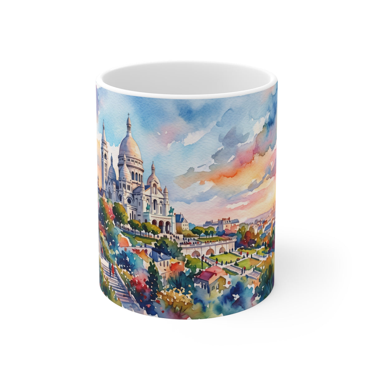 White 11oz ceramic mug featuring a vivid watercolor painting of the Sacré-Cœur basilica in Paris with a blurred 3D effect.