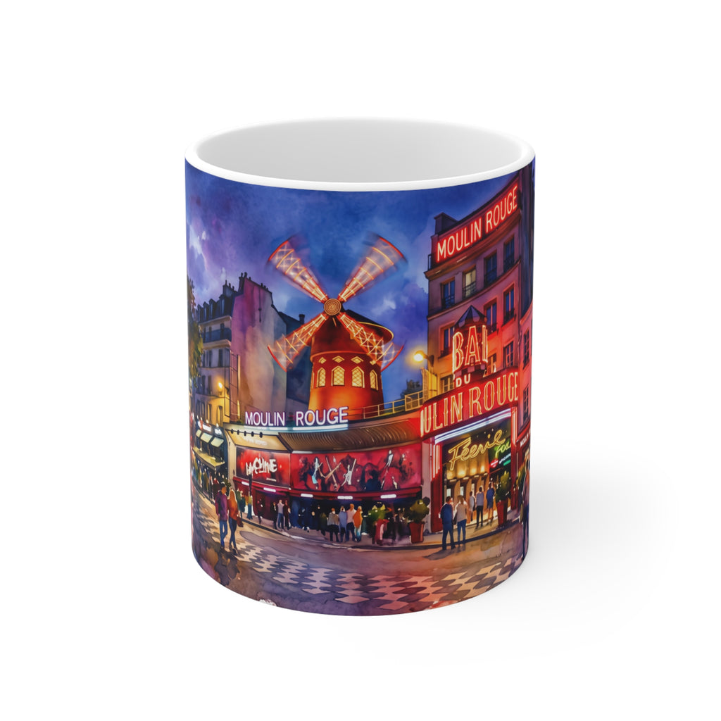 White 11oz ceramic mug featuring a vivid, artistic 3D watercolor painting of the Moulen Rouge windmill in Paris.