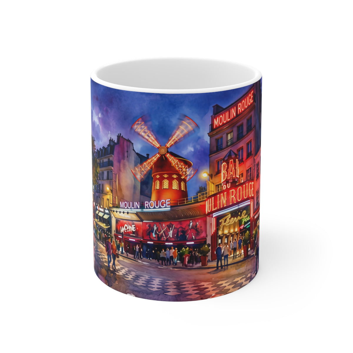 White 11oz ceramic mug featuring a vivid, artistic 3D watercolor painting of the Moulen Rouge windmill in Paris.