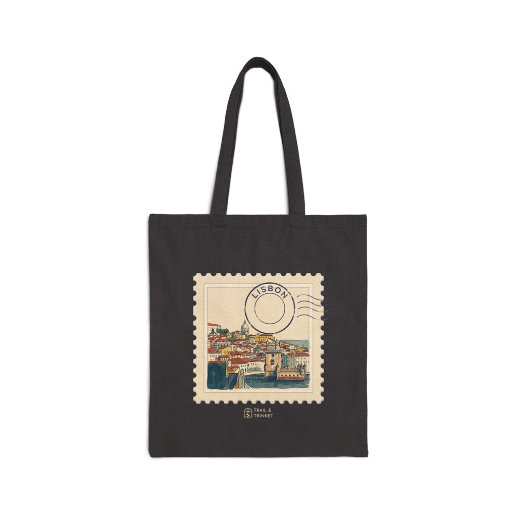 Cotton canvas tote bag featuring a vintage watercolor postage stamp illustration of the Lisbon skyline with a navy postmark.