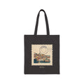 Cotton canvas tote bag featuring a vintage watercolor postage stamp illustration of the Lisbon skyline with a navy postmark.