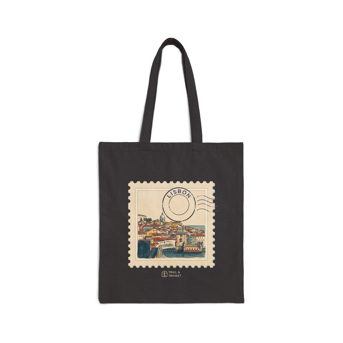 Cotton canvas tote bag featuring a vintage watercolor postage stamp illustration of the Lisbon skyline with a navy postmark.