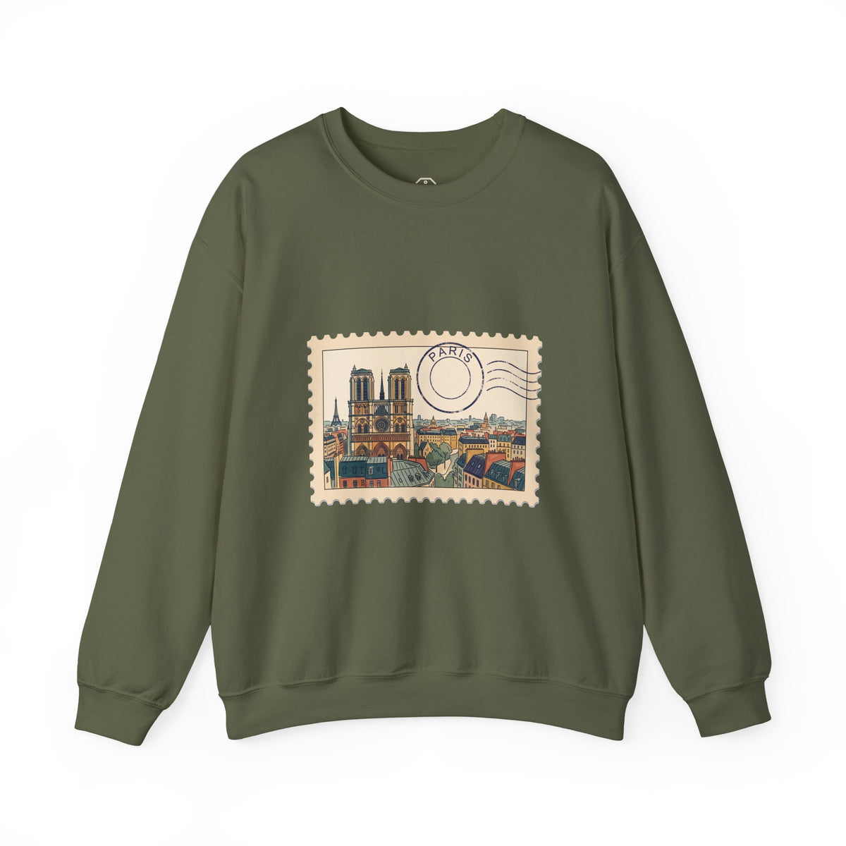 White crewneck sweatshirt featuring a vintage postage stamp illustration of the Paris skyline in watercolor with a postmark.