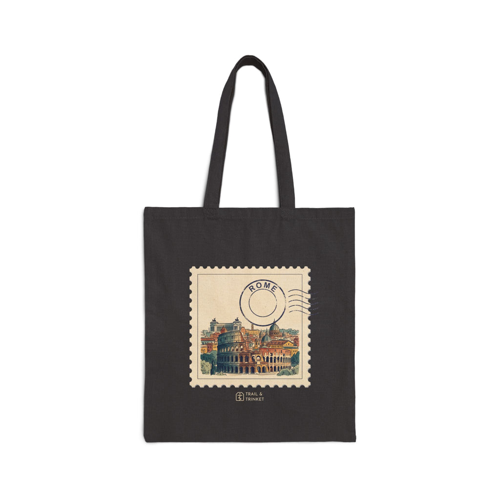 Cotton canvas tote bag featuring a vintage postage stamp illustration of the Rome skyline in watercolor with a Rome postmark.