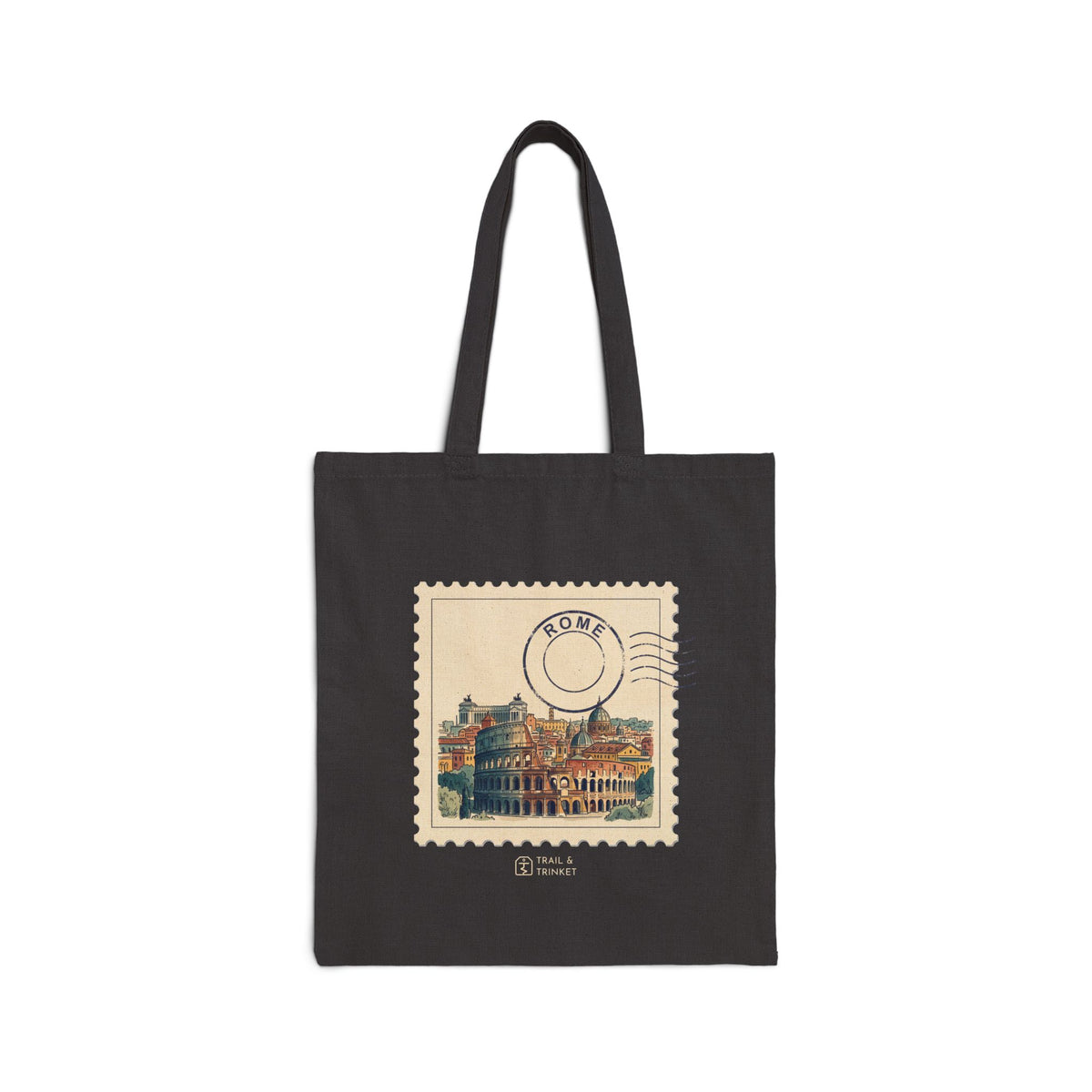 Cotton canvas tote bag featuring a vintage postage stamp illustration of the Rome skyline in watercolor with a Rome postmark.