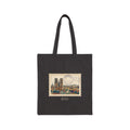 Cotton canvas tote bag featuring a vintage-style postage stamp with a watercolor illustration of the Paris skyline.