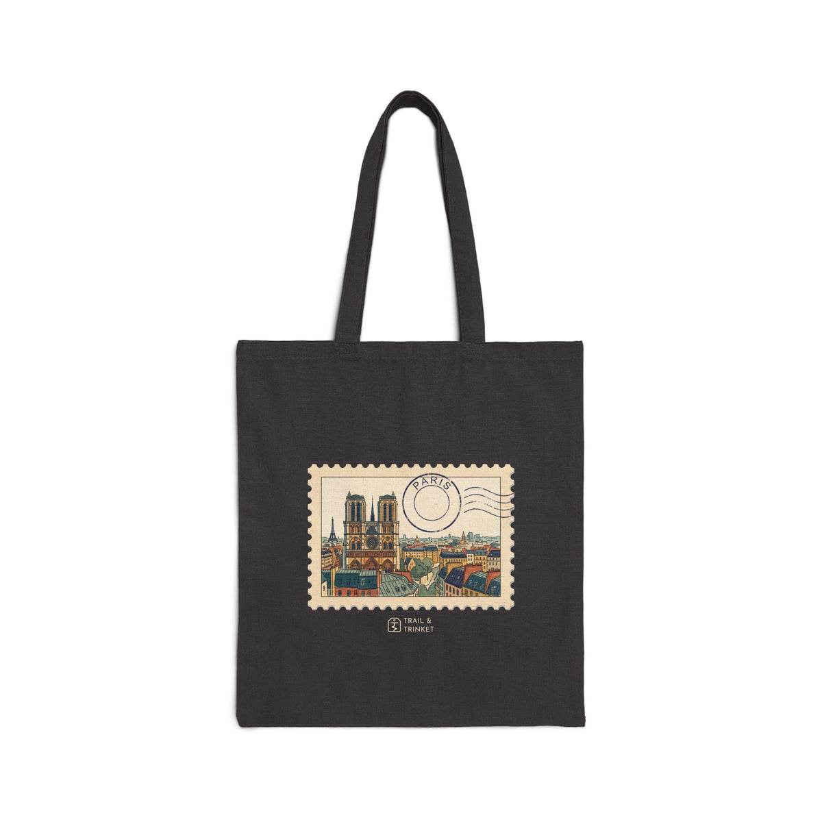 Cotton canvas tote bag featuring a vintage-style postage stamp with a watercolor illustration of the Paris skyline.