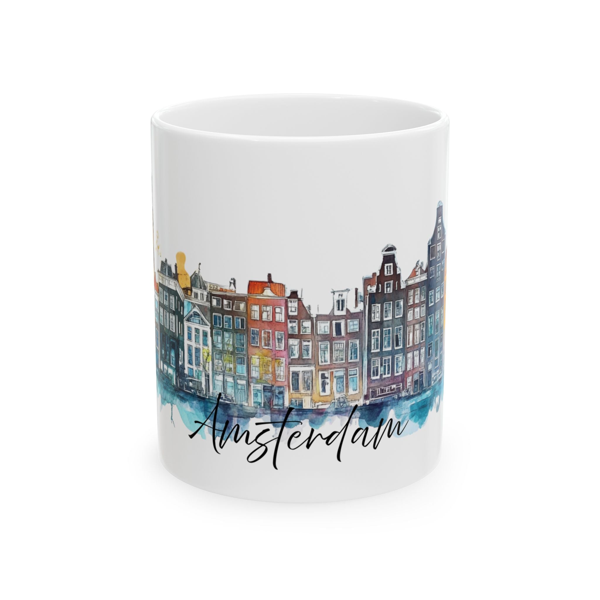 White ceramic mug featuring a colorful travel-inspired illustration of Amsterdam canal houses and bicycles.