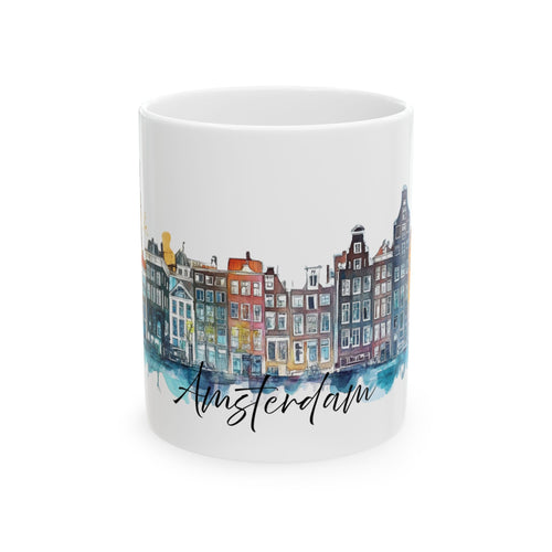 White ceramic mug featuring a colorful travel-inspired illustration of Amsterdam canal houses and bicycles.