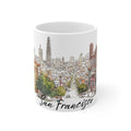 Mug with an ink-and-watercolor style San Francisco street, Victorian houses, skyline and the words San Francisco
