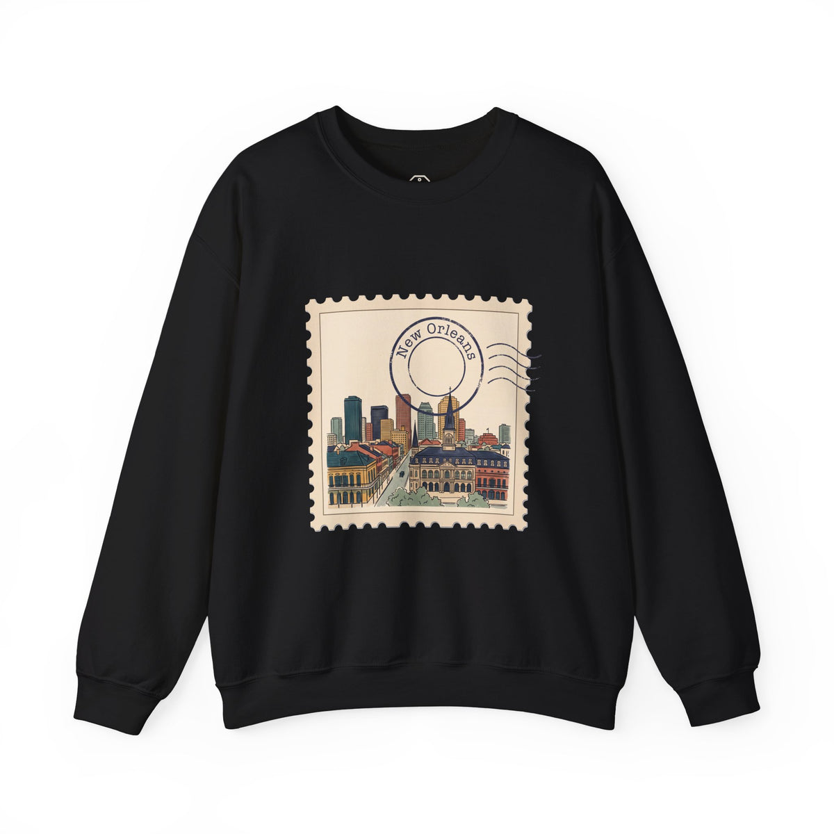 Unisex crewneck sweatshirt featuring a vintage postage stamp illustration of the New Orleans skyline in watercolor and ink.