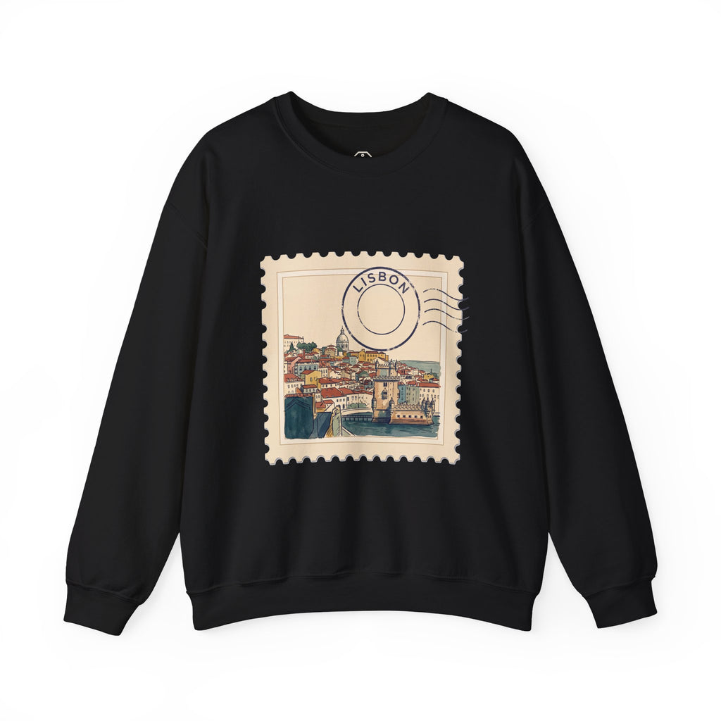 Crewneck sweatshirt featuring a vintage postage stamp design with an ink and watercolor illustration of the Lisbon skyline.