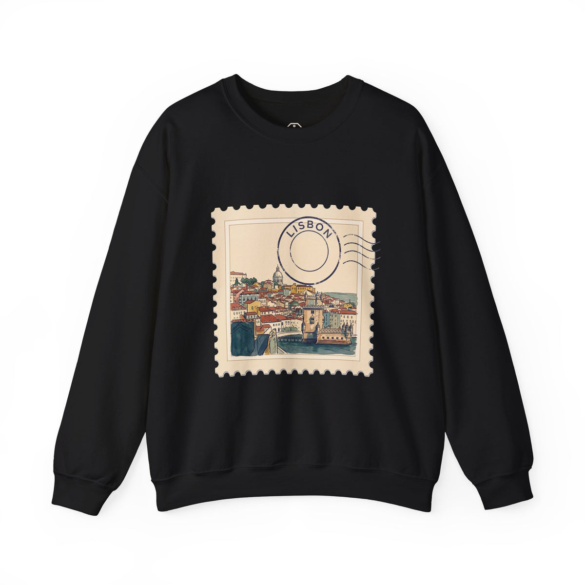 Crewneck sweatshirt featuring a vintage postage stamp design with an ink and watercolor illustration of the Lisbon skyline.