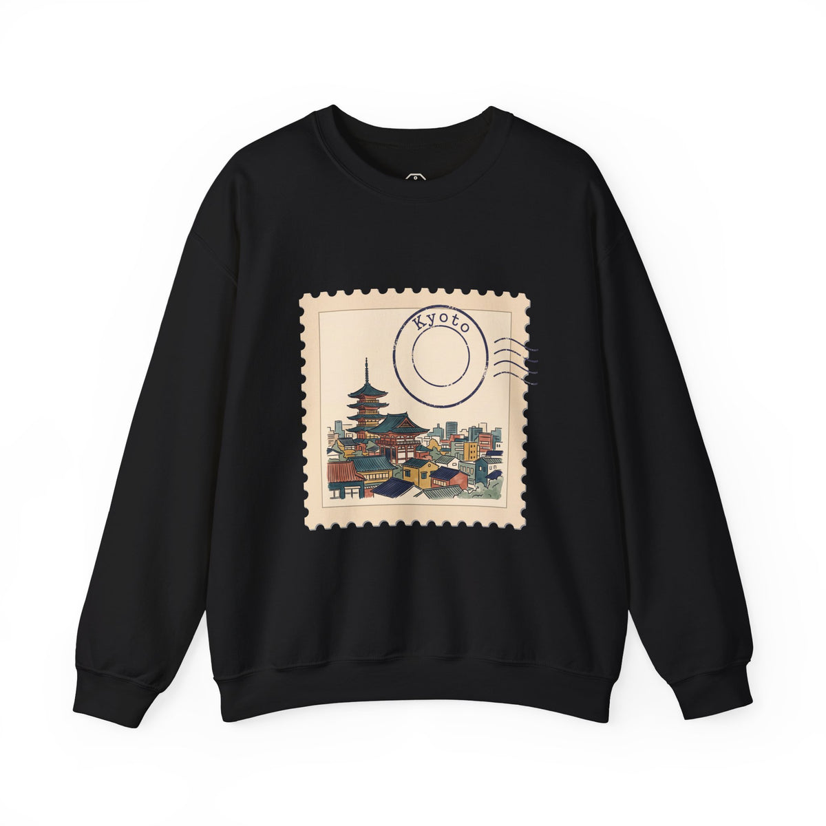 White crewneck sweatshirt featuring a vintage postage stamp illustration of the Kyoto skyline in watercolor with a postmark.