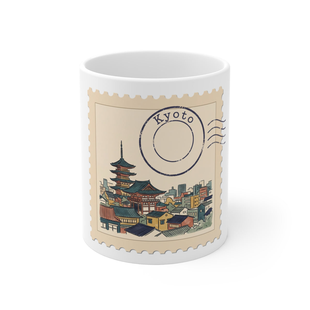 White 11oz ceramic mug featuring a vintage postage stamp illustration of a Kyoto skyline in watercolor with a navy postmark.