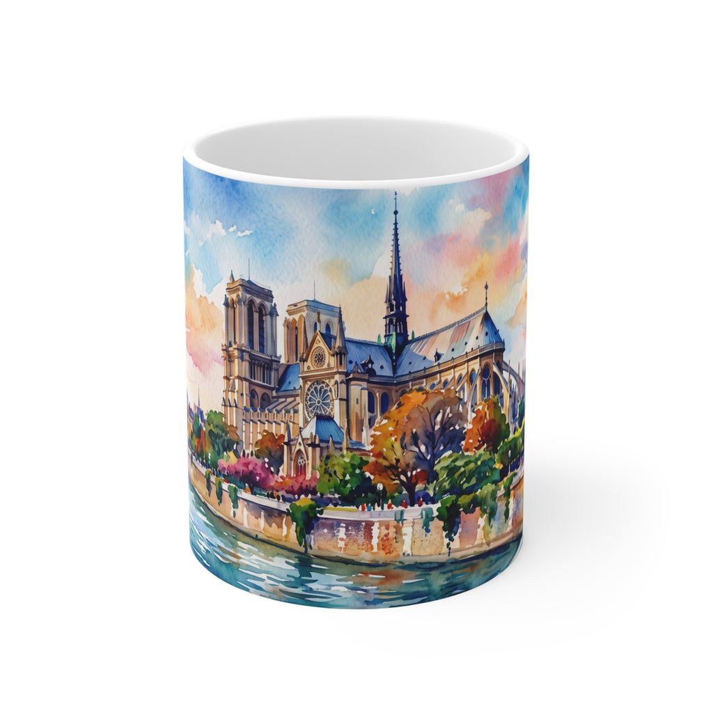 White 11oz ceramic mug featuring a vivid watercolor painting of the Notre Dame Cathedral in Paris with a blurred 3D effect.