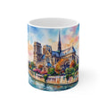 White 11oz ceramic mug featuring a vivid watercolor painting of the Notre Dame Cathedral in Paris with a blurred 3D effect.