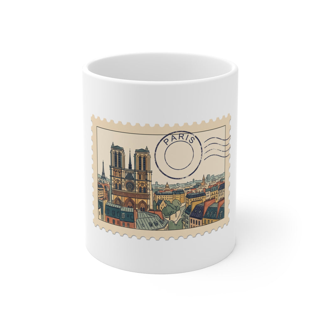 11oz white ceramic mug featuring a vintage perforated postage stamp illustration of the Paris skyline with a navy postmark.