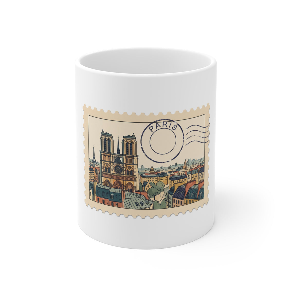 11oz white ceramic mug featuring a vintage perforated postage stamp illustration of the Paris skyline with a navy postmark.