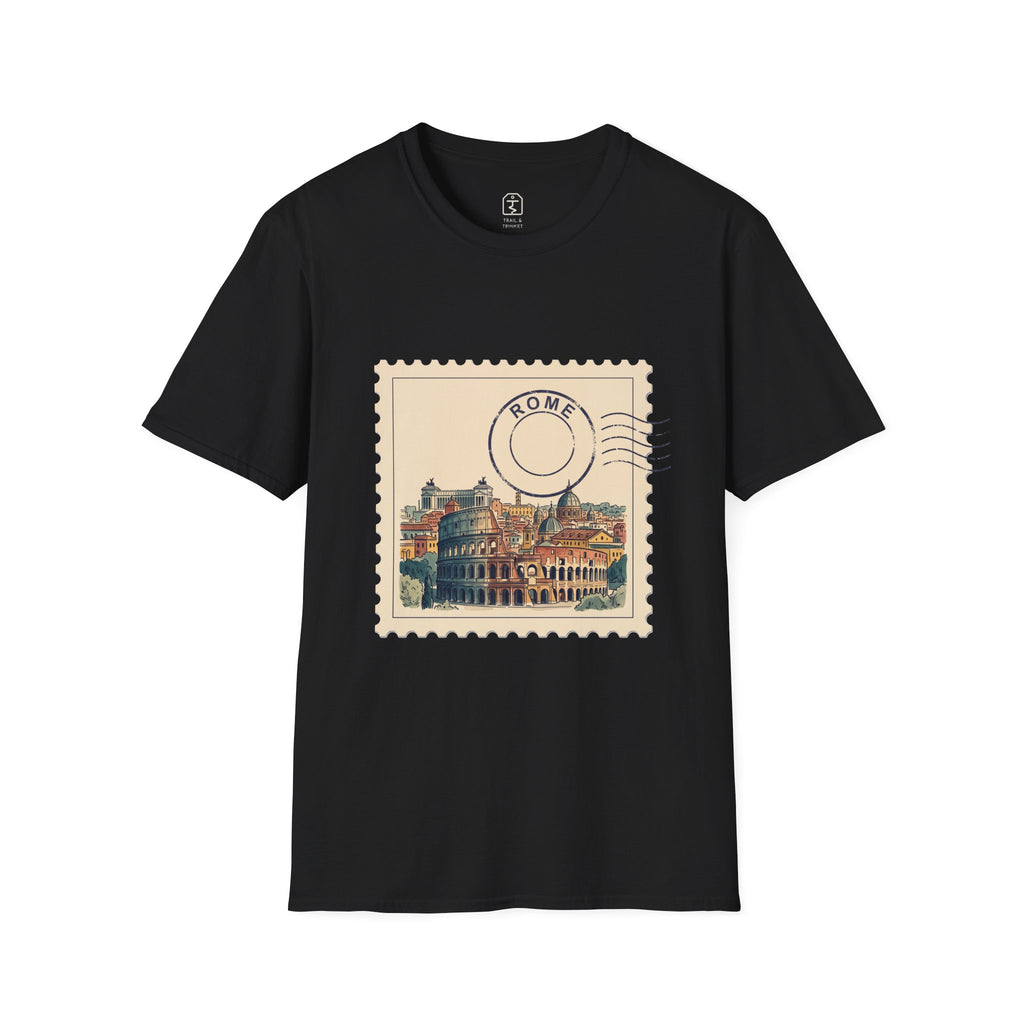 White t-shirt featuring a vintage postage stamp illustration of the Rome skyline in watercolor, with a round Rome postmark.