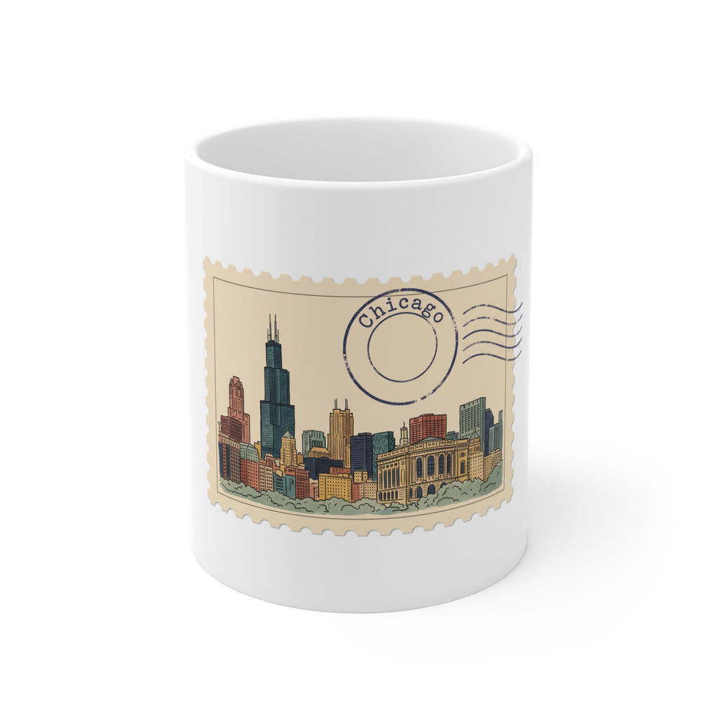 11oz white ceramic mug featuring a vintage postage stamp illustration of the Chicago skyline in watercolor with a postmark.