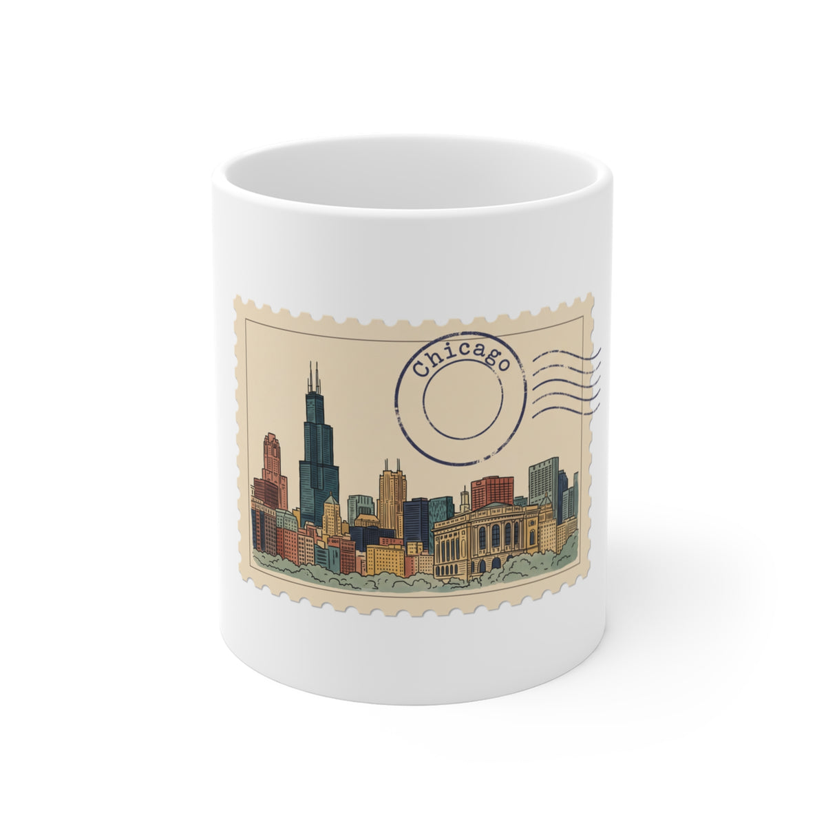 11oz white ceramic mug featuring a vintage postage stamp illustration of the Chicago skyline in watercolor with a postmark.