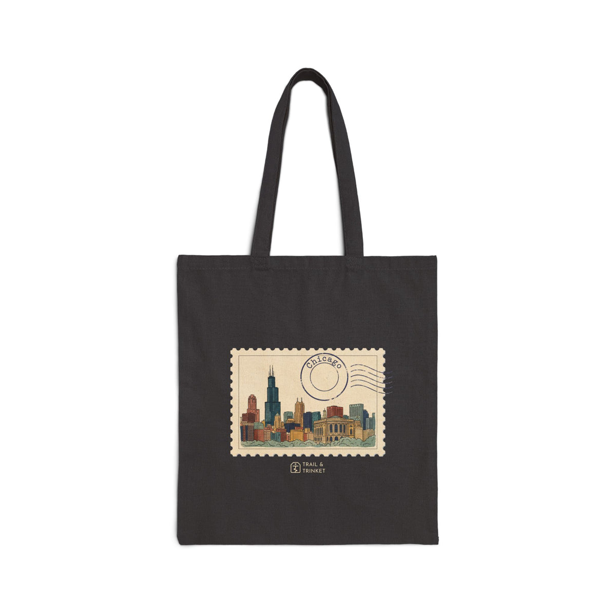 Cotton canvas tote bag featuring a vintage-style watercolor postage stamp illustration of the Chicago skyline and a postmark.