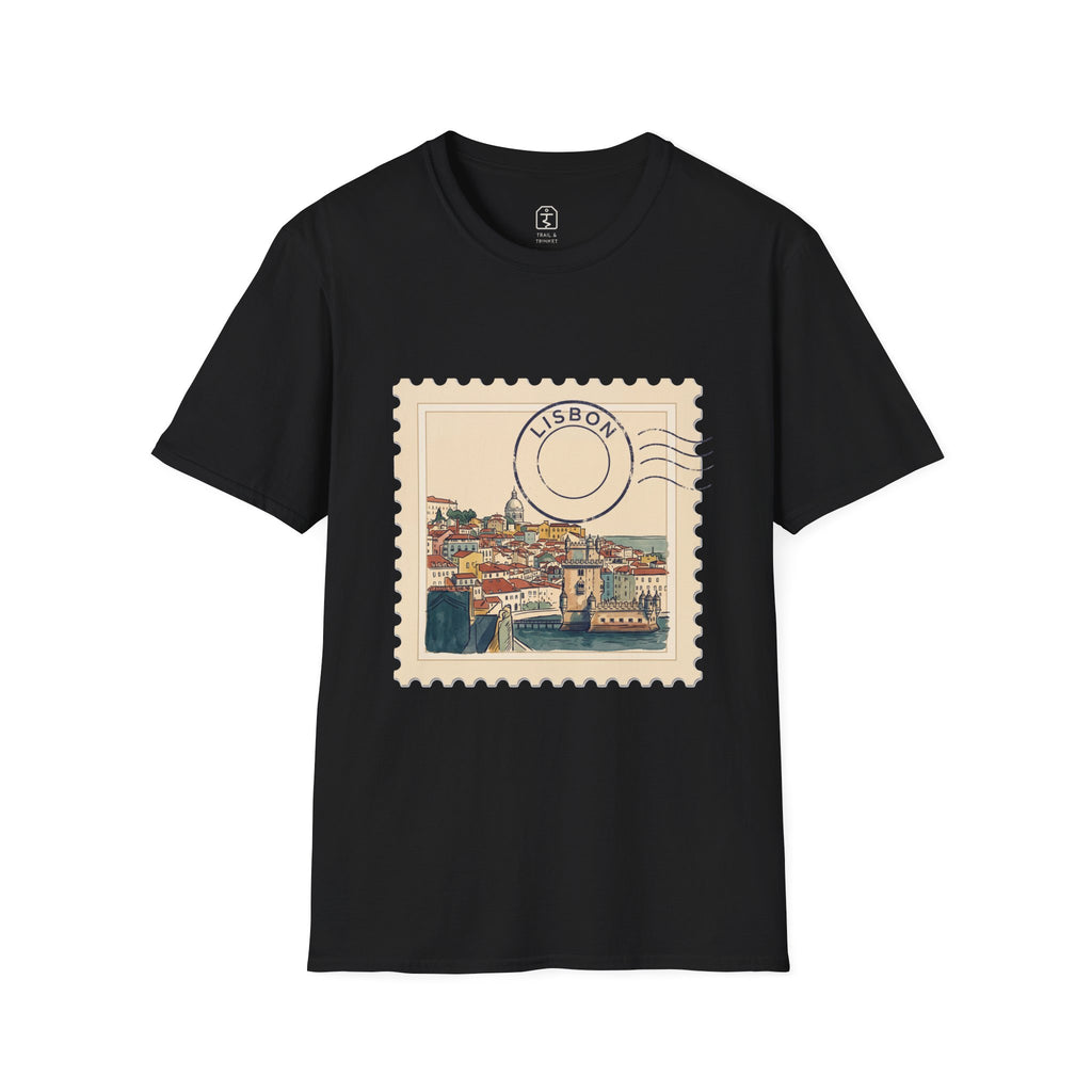 Unisex t-shirt featuring a vintage postage stamp illustration of the Lisbon skyline in watercolor with a navy postmark.