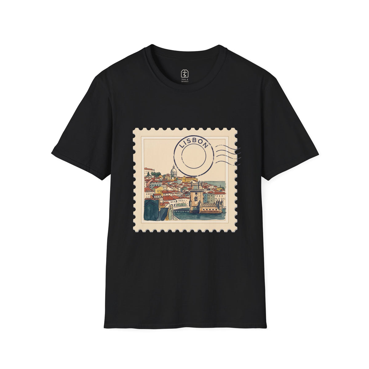 Unisex t-shirt featuring a vintage postage stamp illustration of the Lisbon skyline in watercolor with a navy postmark.