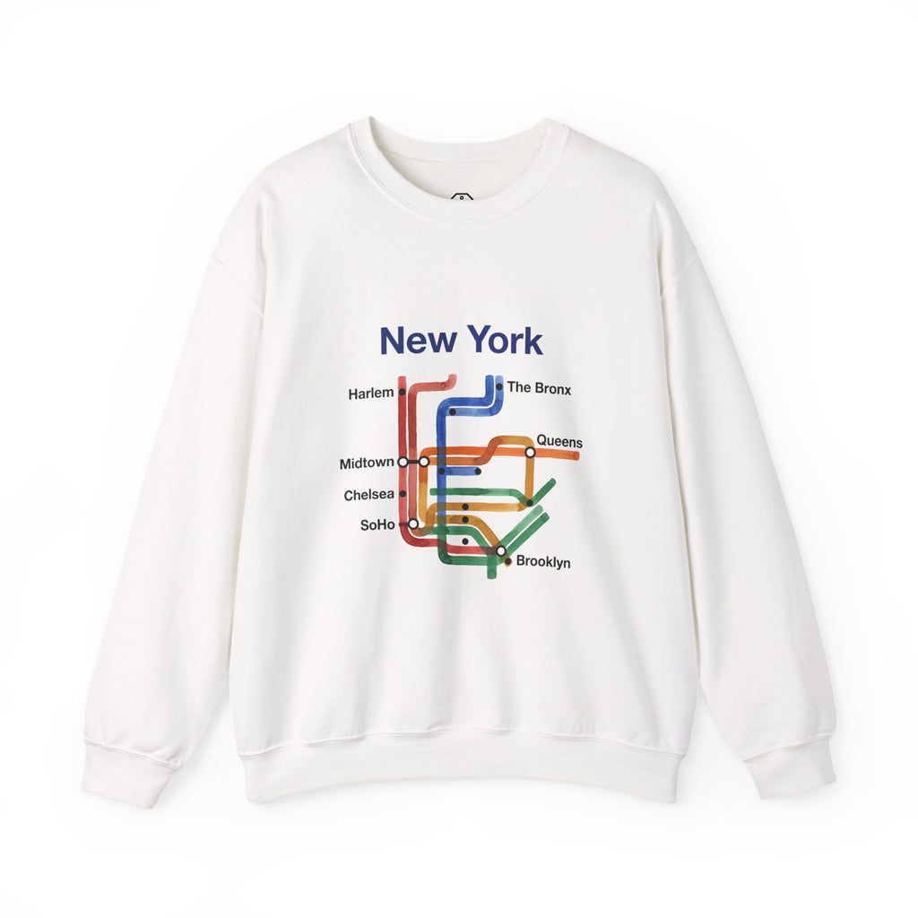 White crewneck sweatshirt featuring a New York transit map design with watercolor lines and neighborhood names in black text.