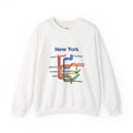 White crewneck sweatshirt featuring a New York transit map design with watercolor lines and neighborhood names in black text.