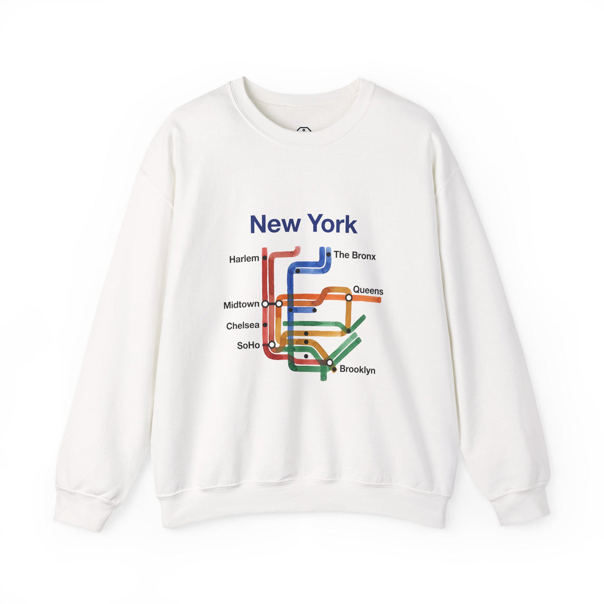 White crewneck sweatshirt featuring a New York transit map design with watercolor lines and neighborhood names in black text.