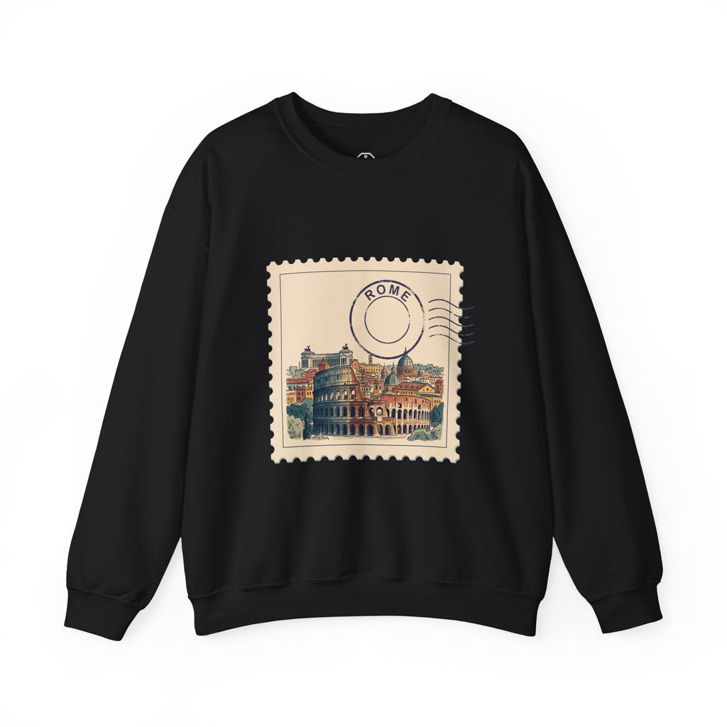 Unisex crewneck sweatshirt featuring a vintage postage stamp illustration of Rome landmarks in watercolor with a navy postmar