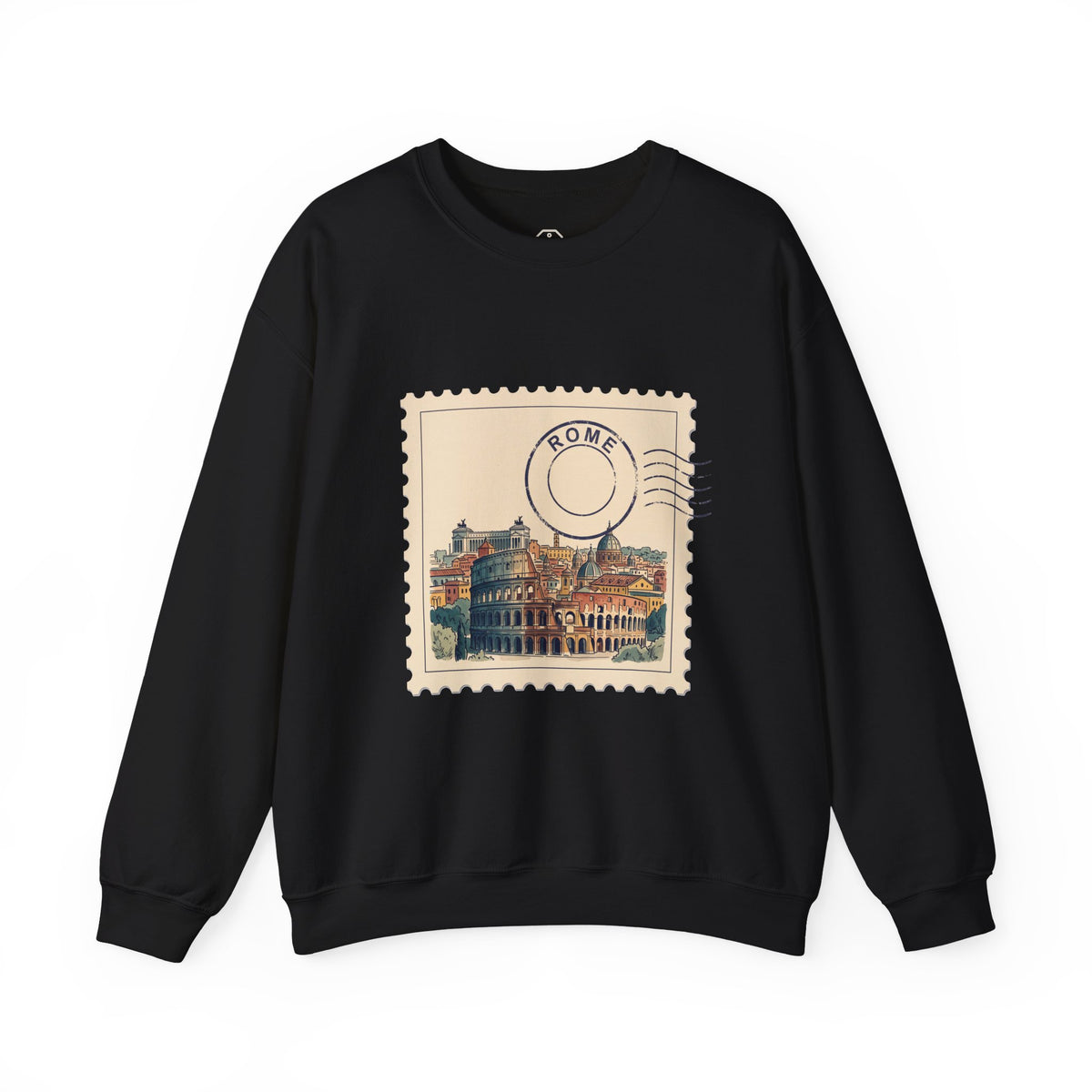 Unisex crewneck sweatshirt featuring a vintage postage stamp illustration of Rome landmarks in watercolor with a navy postmar