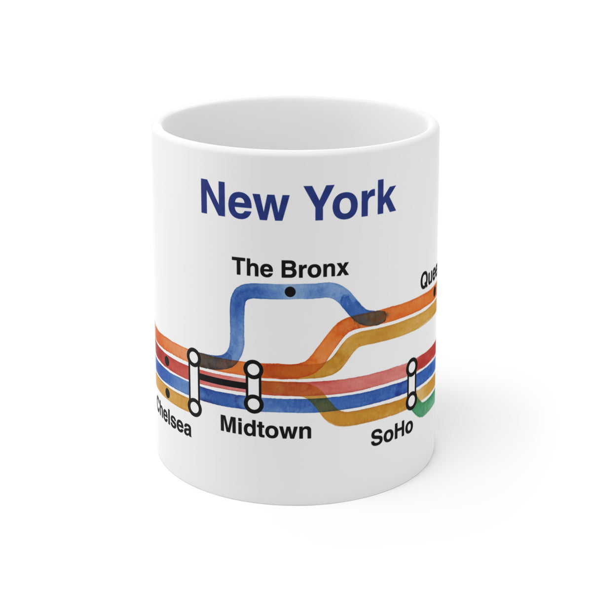 11oz white ceramic mug featuring a New York transit map design with watercolor lines and neighborhood stops like SoHo.