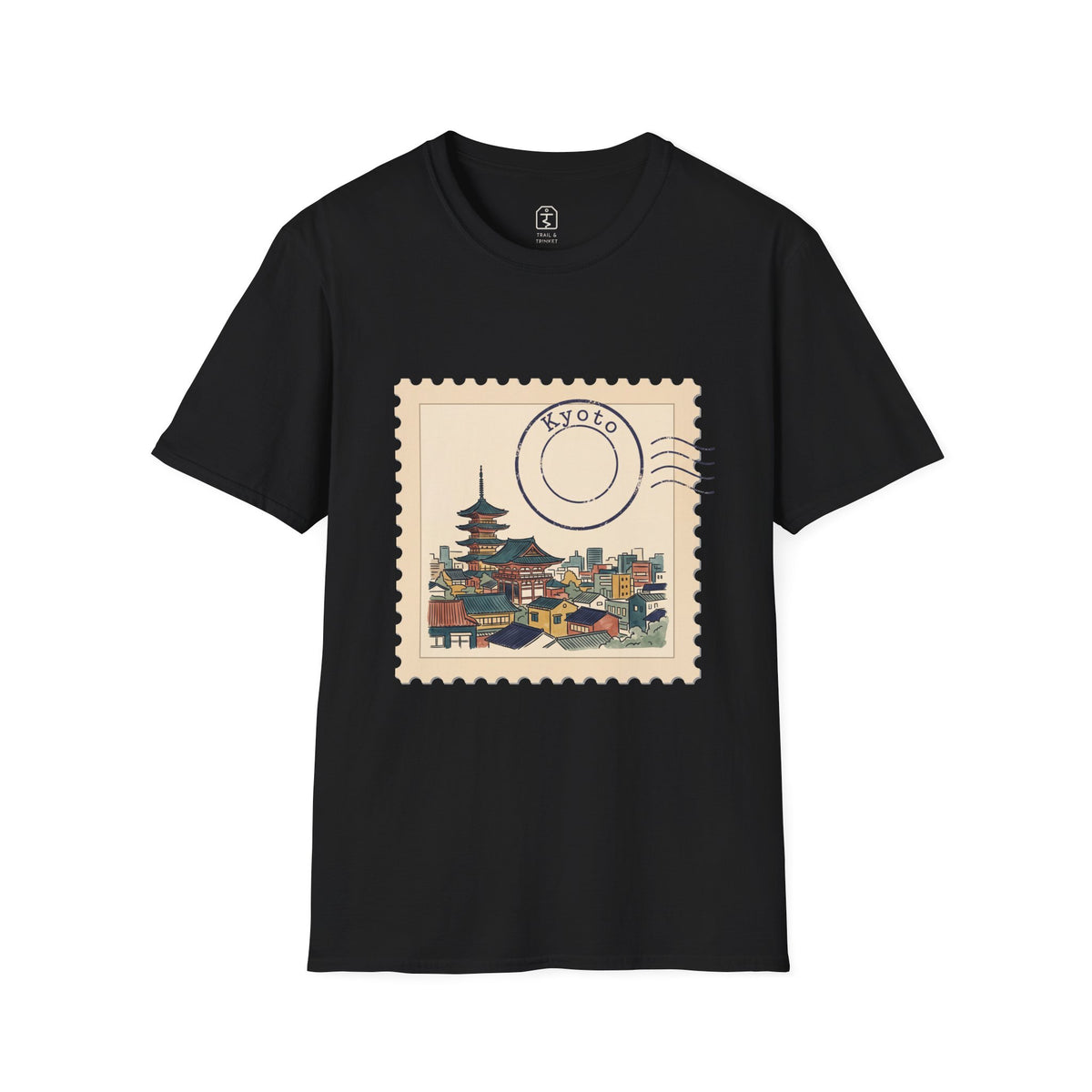 Unisex t-shirt featuring a vintage postage stamp design with a watercolor illustration of Kyoto and a navy postmark.