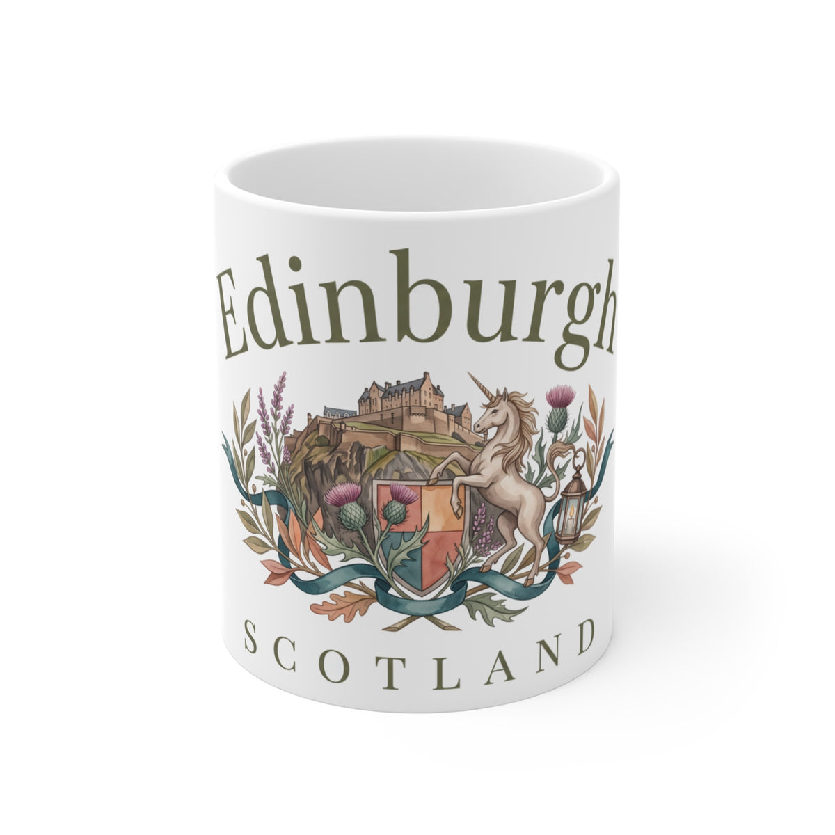 Mug with an Edinburgh emblem showing the castle on its rock, a unicorn, thistles and a ribbon, with the word Scotland below