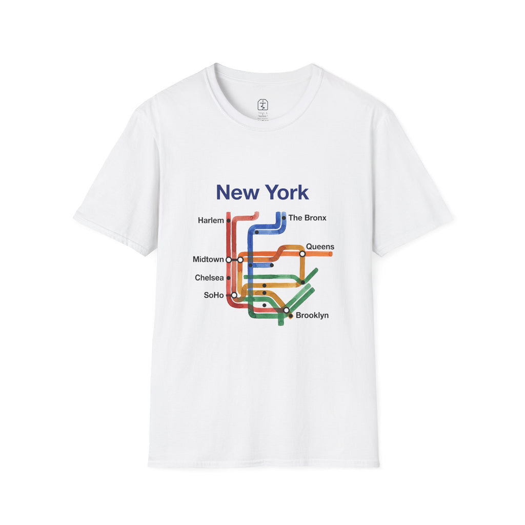 White unisex t-shirt featuring a New York transit map design with colorful watercolor lines and neighborhood station names.