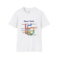 White unisex t-shirt featuring a New York transit map design with colorful watercolor lines and neighborhood station names.