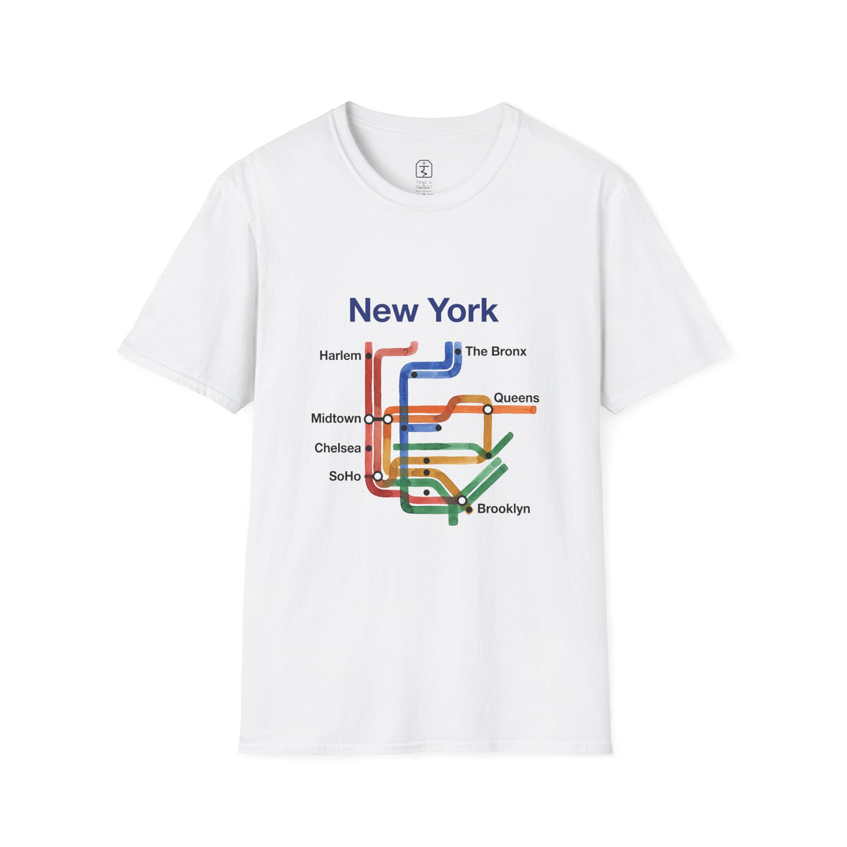 White unisex t-shirt featuring a New York transit map design with colorful watercolor lines and neighborhood station names.