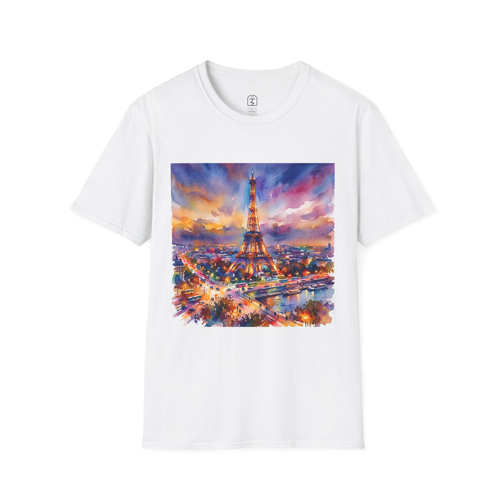 Unisex t-shirt featuring a vivid, artistic 3D watercolor painting of the Eiffel Tower in Paris.